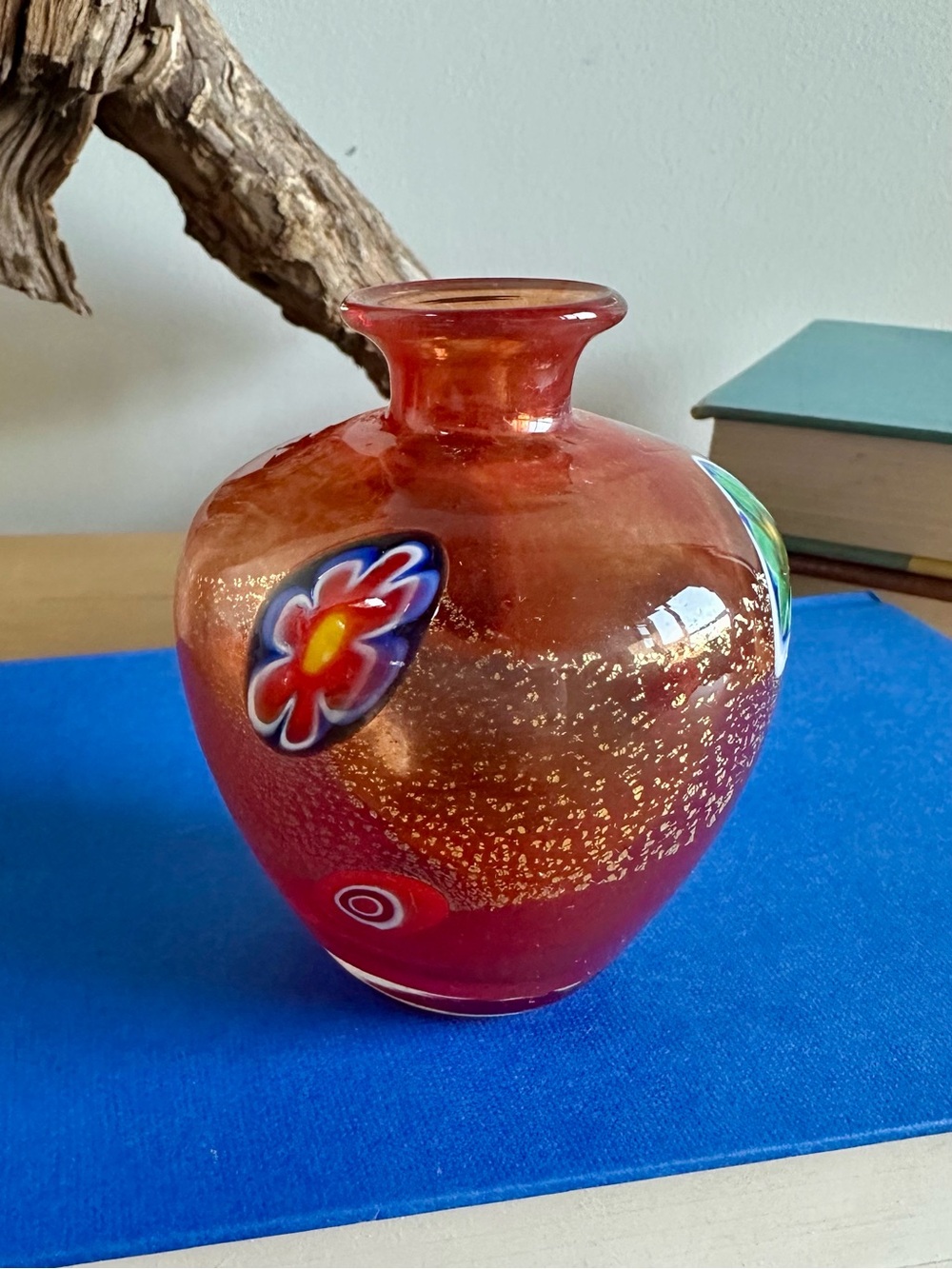 Vintage Murano Style Millefiori Gold Dust Art Glass Mini Bud Vase - Red / Orange